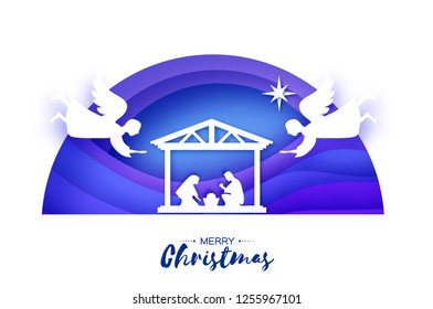 Birth of Christ. Baby Jesus in the manger. Holy Family. Magi. Angels. Star of Bethlehem - east comet. Nativity Christmas design in paper art style. Happy new year. SemiCircle tunnel frame. Blue.