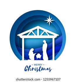 Birth of Christ. Baby Jesus in the manger. Holy Family. Magi. Star of Bethlehem - east comet. Nativity Christmas design in paper art style. Happy new year. Circle tunnel frame. Blue.