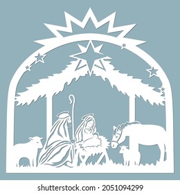 Birth of Christ. Baby Jesus in the manger. Holy Family. Star of Bethlehem - east comet. Merry Christmas card. Template for laser cutting and Plotter. Vector illustration. Sticker plotter and screen pr