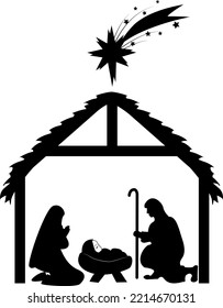 Birth of Christ. Baby Jesus in a manger with Mary and Joseph. Star of Bethlehem.