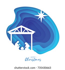 Birth of Christ. Baby Jesus in the manger. Holy Family. Magi. S Star of Bethlehem - east comet. Nativity Christmas graphics design in paper cut style. Vector