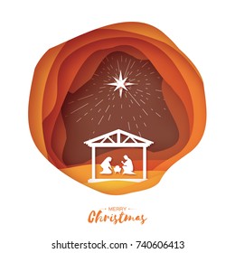 Birth of Christ. Baby Jesus in the manger. Holy Family. Magi. S Star of Bethlehem - east comet. Nativity Christmas graphics design in paper cut style. Vector