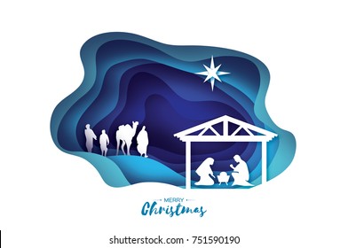 Nacimiento de Cristo. Niño Jesús en el pesebre. Sagrada Familia. Magi. Tres sabios reyes y estrella de Belén - cometa oriental. Natividad Diseño gráfico navideño en estilo corte de papel. Ilustración vectorial.