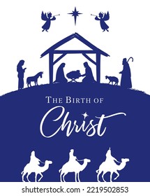 The Birth of Christ, Christmas nativity scene with manger and lettering. Mary, Joseph and baby Jesus in a manger, star of Bethlehem, three Wise men, shepherds, angels. Holy Night vector illustration