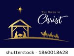 The birth of Christ, Nativity scene of baby Jesus in the manger. Holy family, three wise kings and star of Bethlehem, banner design. Vector Christmas golden illustration silhouette Mary and Joseph
