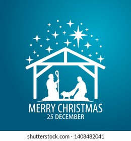 Birth of Christ scene card. Merry Christmas banner with Nightly christmas cribe with Mary and Joseph with baby Jesus. Vector Illustration