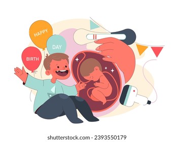 Birth concept. A jubilant boy celebrates beside an ultrasound, showcasing a baby, amidst balloons and a positive pregnancy test. Moments leading to a newborn's arrival. Flat vector illustration.