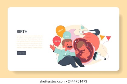 Birth concept. A jubilant boy celebrates beside an ultrasound, showcasing a baby, amidst balloons and a positive pregnancy test. Moments leading to a newborn's arrival. Flat vector illustration.