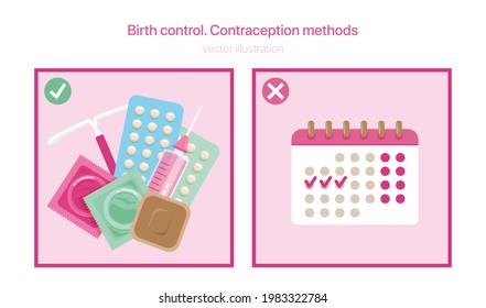 Birth Control Banner. Types Of Contraception Methods. Right Or Wrong Method. Vector Illustration.