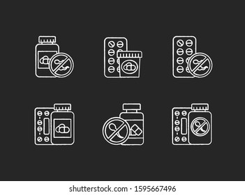 Birth control chalk icons set. Medication, pills. Unwanted pregnancy prevention. Oral contraceptive. Pharmaceutical aid. Predmenstrual syndrome prescription. Isolated vector chalkboard illustrations