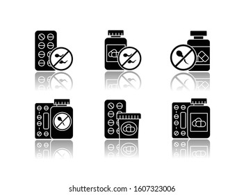 Birth control drop shadow black glyph icons set. Medication, pills. Unwanted pregnancy prevention. Oral contraceptive. Female pharmaceutical aid. Predmenstrual syndrome. Isolated vector illustrations