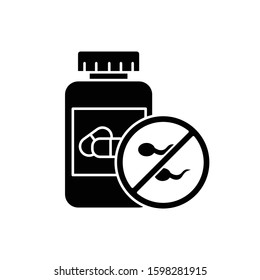 Birth control glyph icon. Female oral contraceptive. Unwanted pregnancy prevention. Predmenstrual syndrome pharmaceutical aid. Silhouette symbol. Negative space. Vector isolated illustration