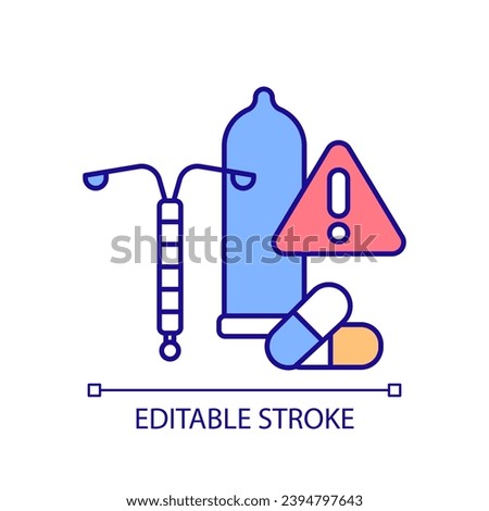Birth control methods RGB color icon. Contraception safety. Side effects. Doctor recommended. Reproductive health. Isolated vector illustration. Simple filled line drawing. Editable stroke