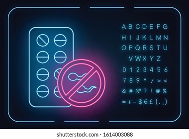 Birth control neon light icon. Female contraceptive pills. Unplanned pregnancy avoidance. Predmenstrual syndrome aid. Glowing sign with alphabet, numbers and symbols. Vector isolated illustration
