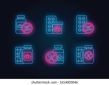 Birth control neon light icons set. Medication and pills. Unwanted pregnancy prevention. Oral contraceptive. Predmenstrual syndrome prescription. Glowing signs. Vector isolated illustrations