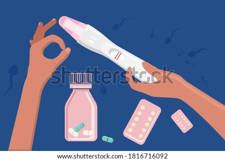 Birth control pill concept.Sperm swim around.Human hand holding pregnancy test with positive result and give it.Oral contraception. Prevention HIV and AIDS.Medicine tablets in blister packs.Safe love