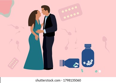 Birth control pill concept.World contraception day. Prevention HIV and AIDS.Couple inloved, wanted to kiss.Spermatozoa swim around.Medicine jars, tablets in Blister Packs. Oral Contraception vector