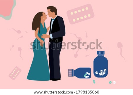 Birth control pill concept.World contraception day. Prevention HIV and AIDS.Couple inloved, wanted to kiss.Spermatozoa swim around.Medicine jars, tablets in Blister Packs. Oral Contraception vector