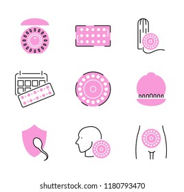 Birth control pills icon collection set. Pink pregnancy prevention vector illustration. Medical contraceptive pills or drugs to ovulation, fertility and hormonal safety.
