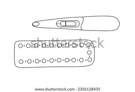 Birth control pills and a negative pregnancy test. Hormonal contraception. World Contraception Day. One line drawing for different uses. Vector illustration.