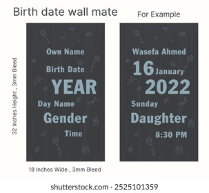 Birth date wall art, Birthday date design. Birth date wall decorations. Vector birth date design art.