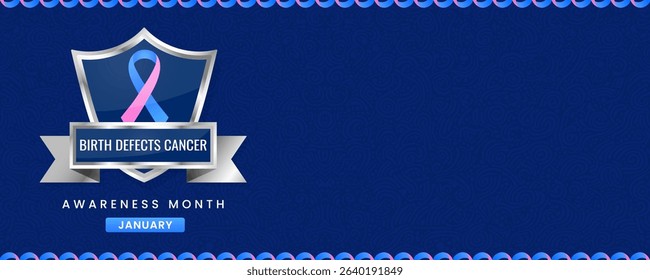 Birth Defect Cancer Awareness Month banner, with Blue and pink ribbon, shield design.