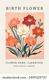 Birth flower Carnation, January month, flower market poster.
silkscreen printing, retro groovy trippy psychedelic poster art, Dianthus caryophyllus flower, simple, minimal, 1960's