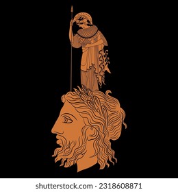 Birth of goddess Athena in full armor from head of Zeus. Ancient Greek mythology. Vase painting style.