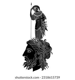 Birth of goddess Athena in full armor from head of Zeus. Ancient Greek mythology. Black and white silhouette.