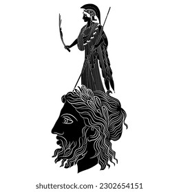 Birth of goddess Athena from head of Zeus. Ancient Greek mythology. Black and white silhouette.