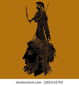 Birth of goddess Athena from head of Zeus. Ancient Greek mythology. Black and orange silhouette.