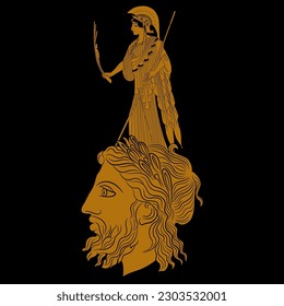 Birth of goddess Athena from head of Zeus. Ancient Greek mythology. Black and orange silhouette.