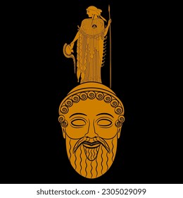 Birth of goddess Athena from head of Zeus. Ancient Greek mythology. Black and orange silhouette.