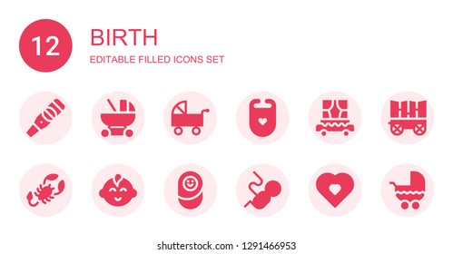birth icon set. Collection of 12 filled birth icons included Pregnancy test, Baby carriage, Pushchair, Bib, Carriage, Scorpion, Baby boy, Newborn, Fetus, Pregnancy, Stroller