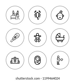 Birth icon set. collection of 9 outline birth icons with baby bag, baby, birth, pregnancy, pregnant, scorpion icons. editable icons.