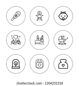 Birth icon set. collection of 9 outline birth icons with baby, birth, bib, incubator, pregnancy, stroller icons. editable icons.