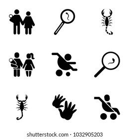 Birth icons. set of 9 editable filled birth icons such as scorpion, couple with newborn, baby carriage, search sperm