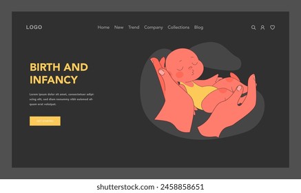 Birth and infancy concept. Tender hands cradle sleeping newborn baby, showing pure essence of life beginning. Delicate moments of care. Parenthood and love for child. Flat vector illustration