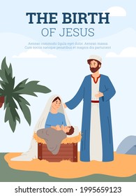 The Birth of Jesus Bible episode banner or poster template, flat vector illustration. Bible Nativity Scene with Mary, baby Jesus and Joseph of Christianity New testament.