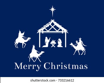 The birth of Jesus Christ in Bethlehem. The Magi bear the gifts of the mission. Christmas nativity scene of baby Jesus in the manger with Joseph, Mary and shepherds.