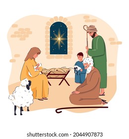 The birth of Jesus Christ biblical vector illustration series, nativity scene of The Holy Family in stable with shepherds. Christmas theme. Shepherds came to worship Jesus. Bethlehem Star. Holy night