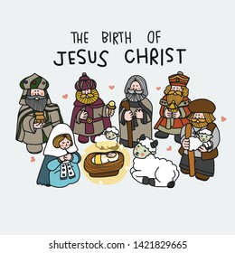 The birth of Jesus Christ cute cartoon vector illustration doodle style