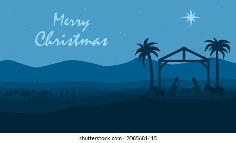 The birth of Jesus Christ. Feast of Christmas. Nativity scene. Holy night. Merry Christmas. Silhouette of baby Jesus in a manger, Mary, Joseph, shepherds and magi. Christmas vector illustration.