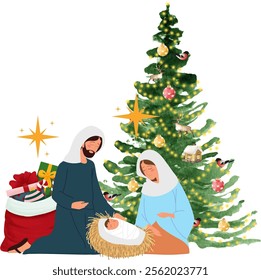 birth of jesus christ with gifts and christmas tree