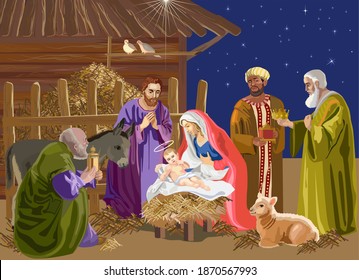 Birth of Jesus Christ. Gospel of Matthew or Luke. Сoming of the Messiah. Adoration of the Magi. Celebrating Christmas. Nativity of Jesus in art. Madonna and Child. Vector illustration.