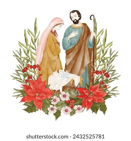 Nacimiento de Jesucristo María y José cerca del pesebre 