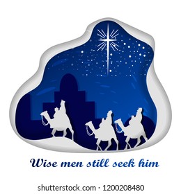 Birth of Jesus Christ on the Christmas day with Christian Nativity Scene of three wise men looking up at the star at night in Bethlehem paper art style