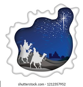 Birth of Jesus Christ on the Christmas day with Christian Nativity Scene of three wise men looking up at the star at night in Bethlehem paper art style