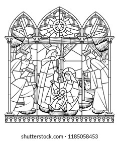 Birth of Jesus Christ scene in gothic frame. Linear drawing for coloring book. Vector illustration