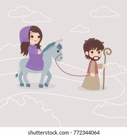 Birth of Jesus Christ story with Mary and Joseph, nativity scene,cute cartoon vector illustration.